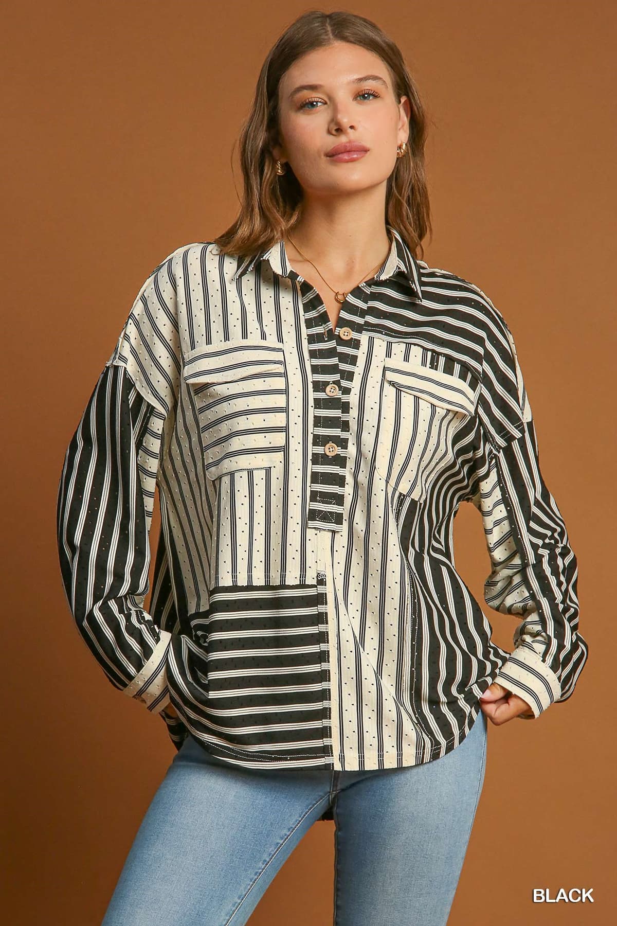 Umgee Striped Collared 3/4 Button Up C4054