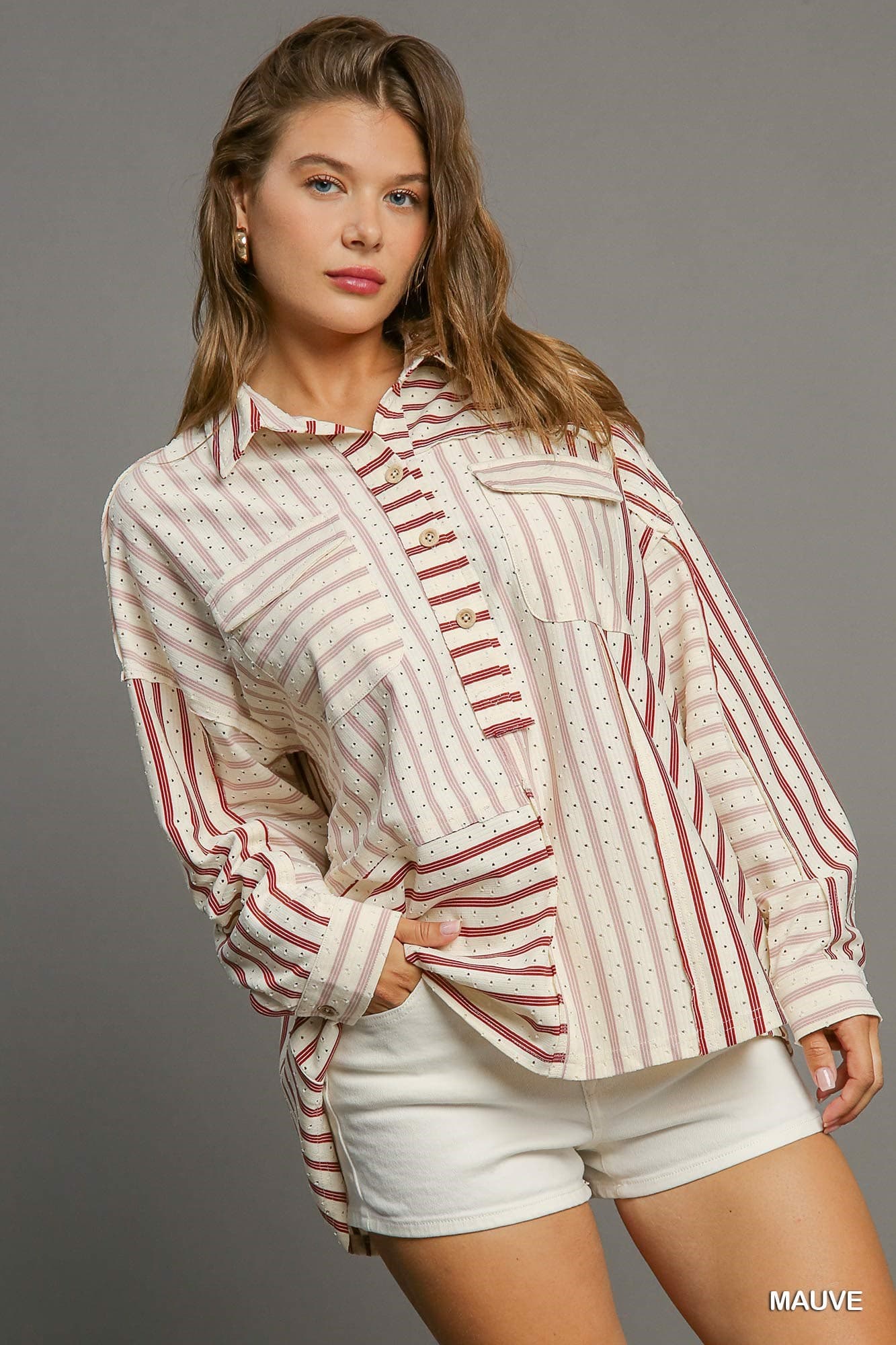 Umgee Striped Collared 3/4 Button Up C4054