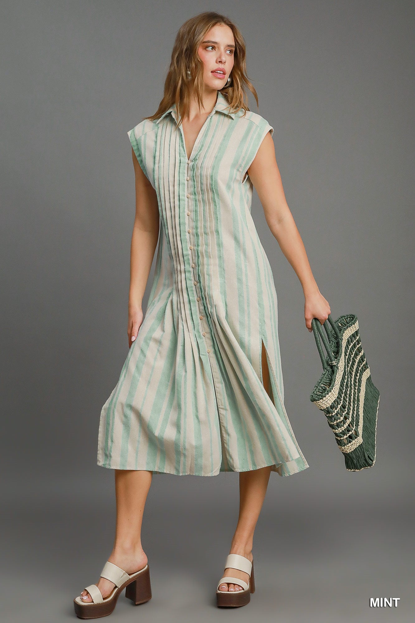Umgee K9291 Pintucked Striped Midi Dress