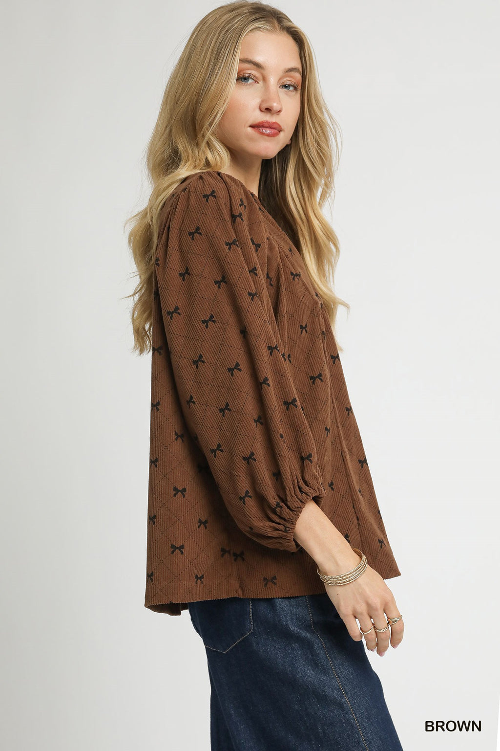 Umgee K1050 Corduroy Bow Print Top