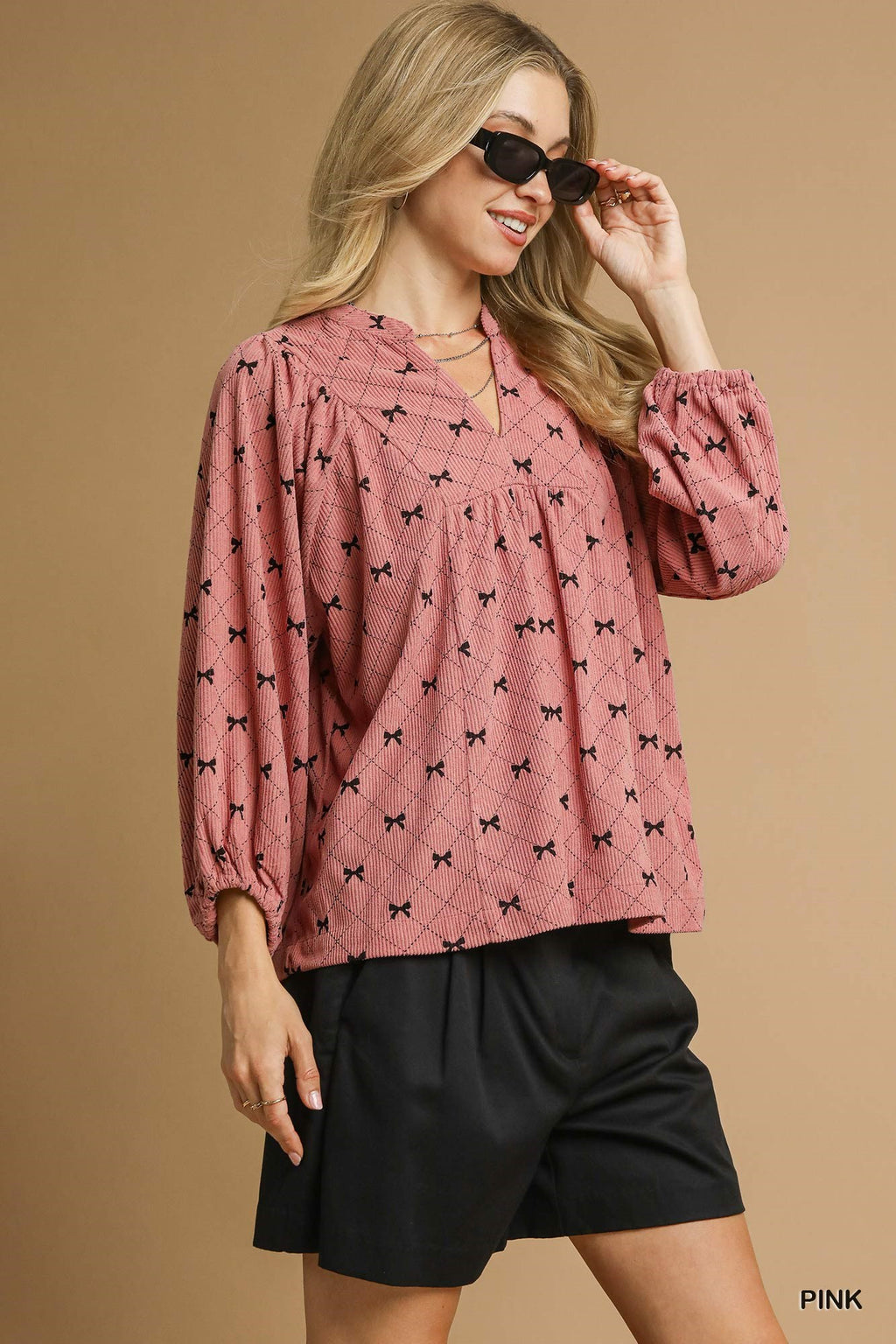 Umgee K1050 Corduroy Bow Print Top