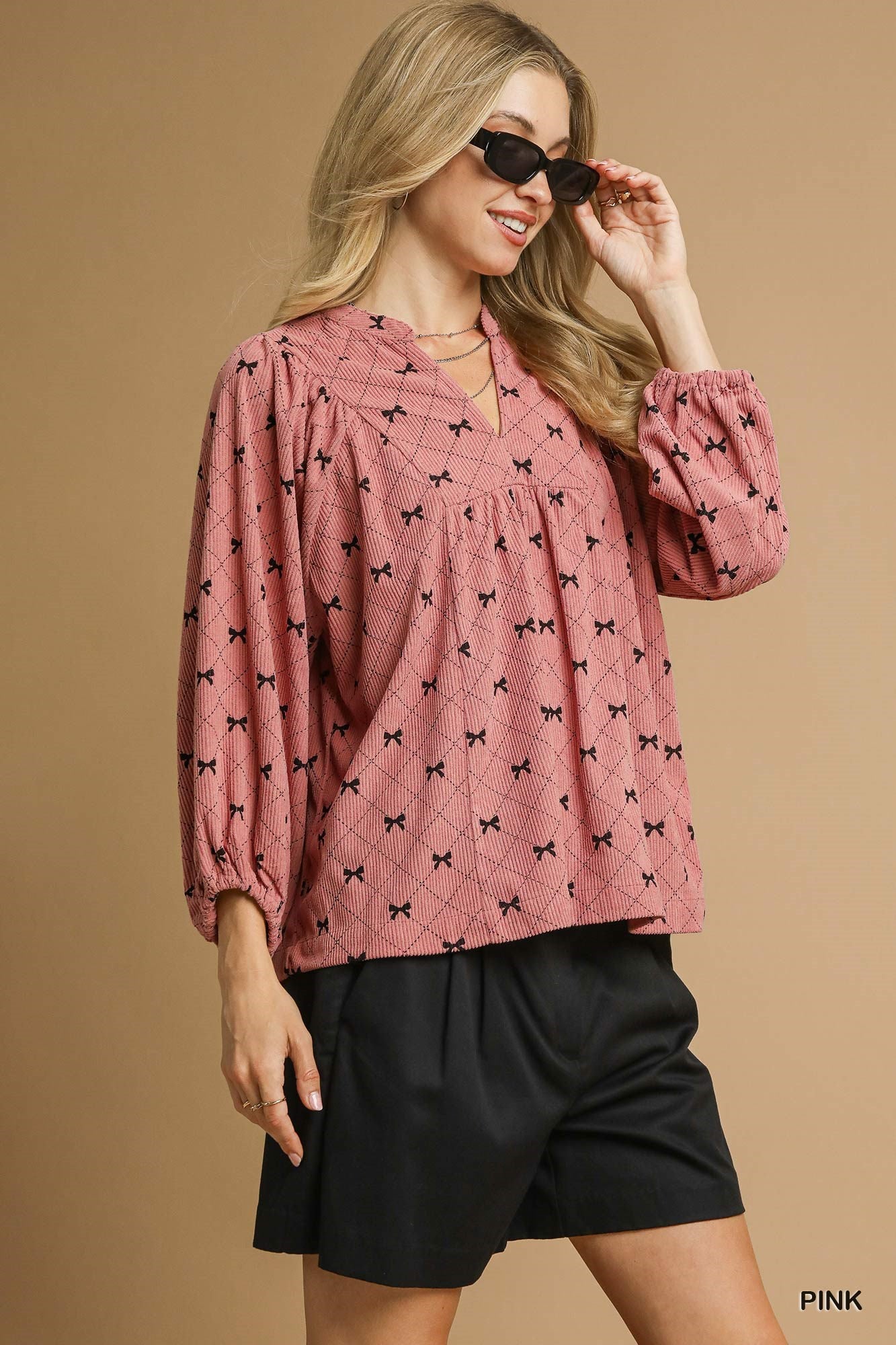 Umgee K1050 Corduroy Bow Print Top