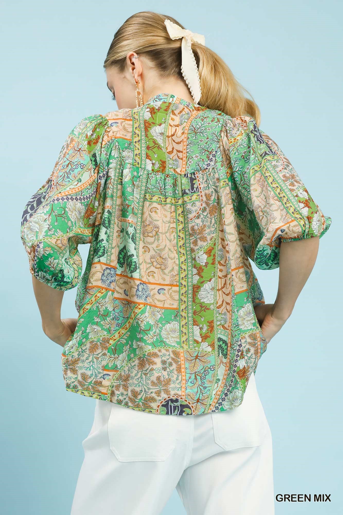 Umgee K1613 Patchwork Smocked Peasant Top