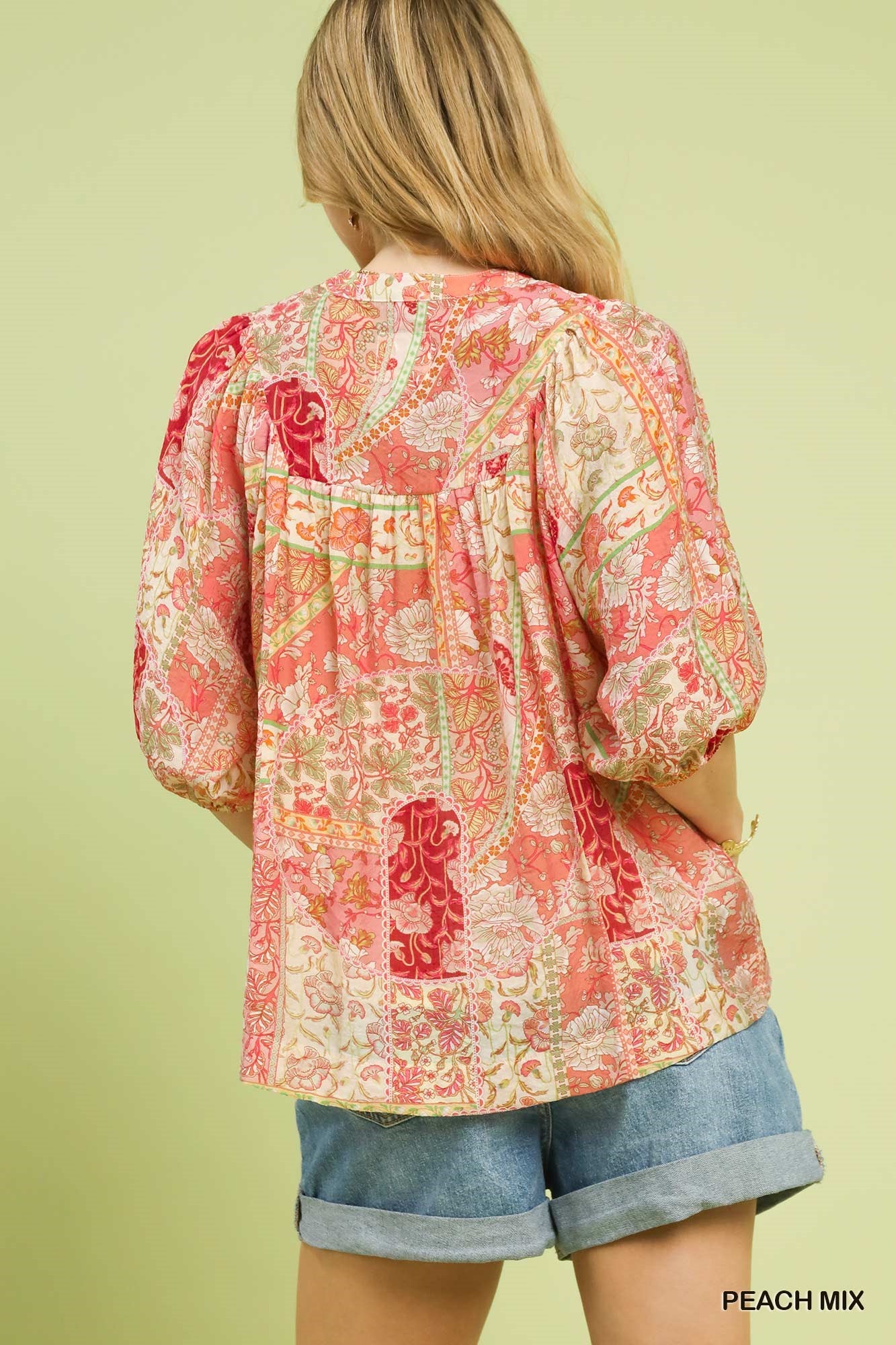 Umgee K1613 Patchwork Smocked Peasant Top
