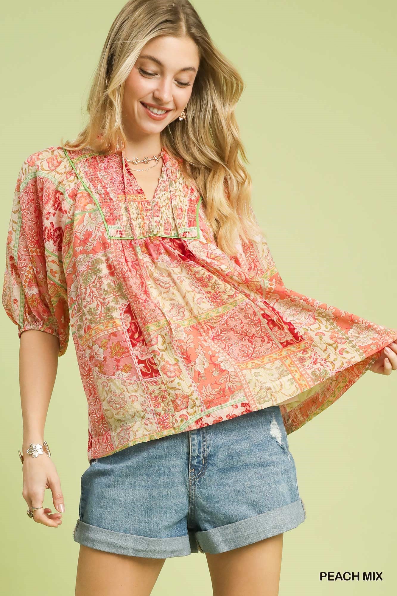 Umgee K1613 Patchwork Smocked Peasant Top
