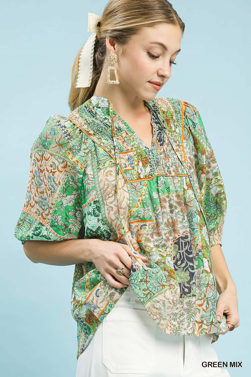Umgee K1613 Patchwork Smocked Peasant Top
