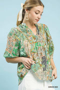 Umgee K1613 Patchwork Smocked Peasant Top