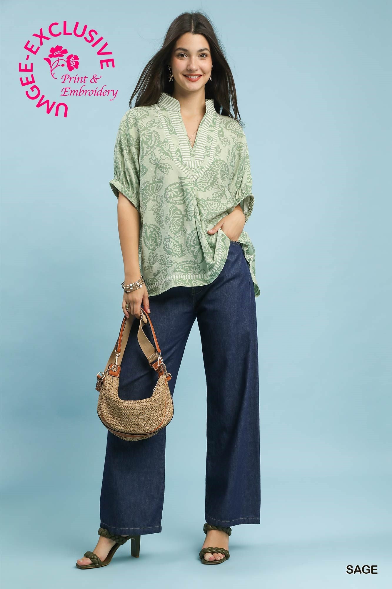 Umgee K1776 Botanical Print Mixed Trim Tunic Top