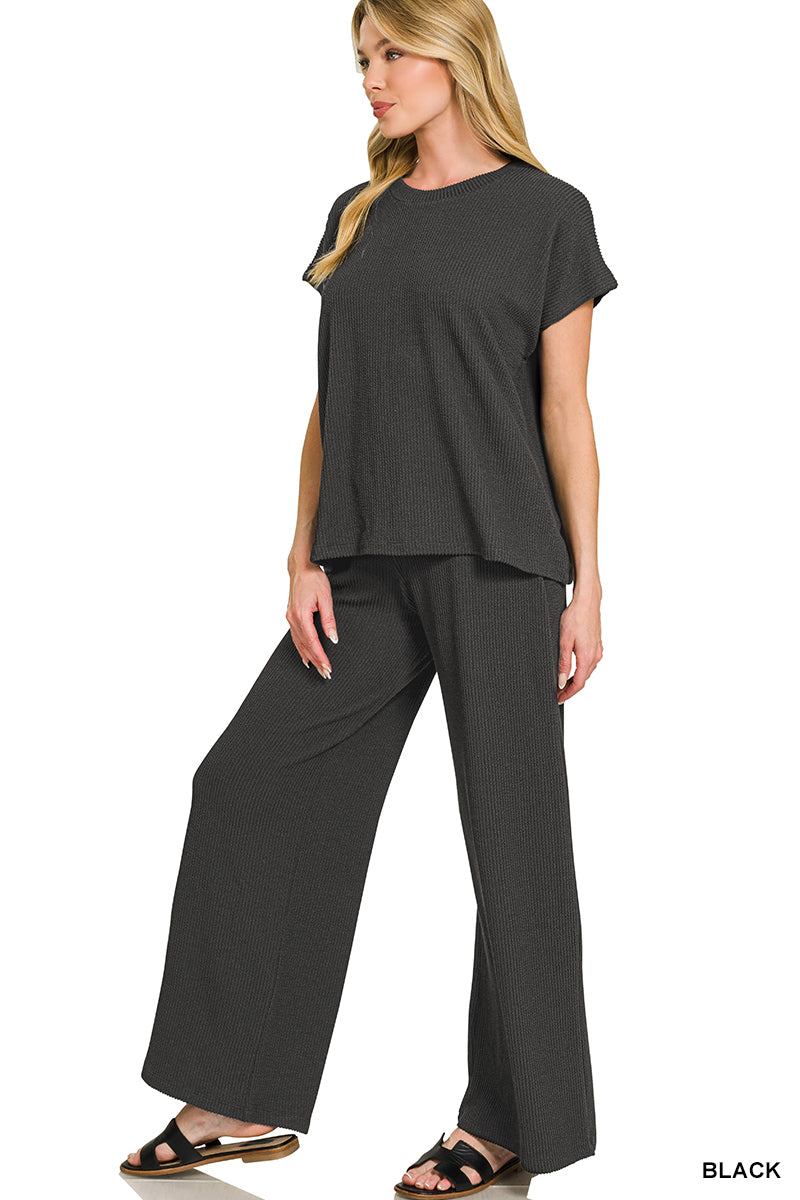 Zenana Raised Rib Relaxed Top & Pants Set, RTKRPK-8639Y