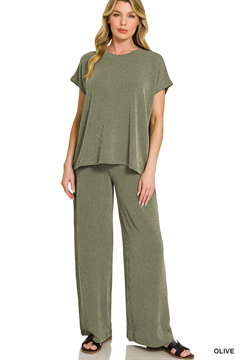 Zenana Raised Rib Relaxed Top & Pants Set, RTKRPK-8639Y