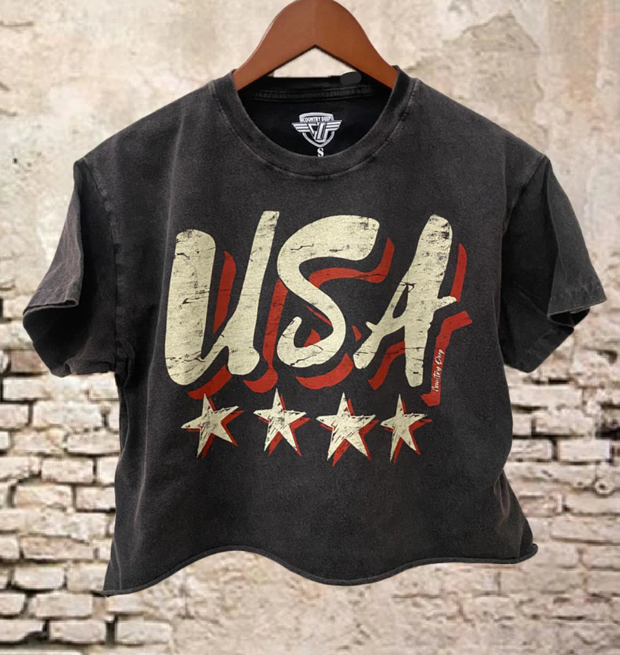 USA vintage Relaxed Cropped Acid wash T-shirt